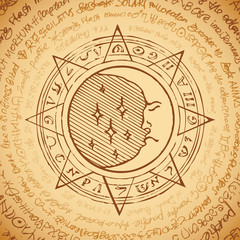 Illustration of the moon in an octagonal star with magical inscriptions and symbols on the beige background. Vector banner with old manuscript in retro style written in a circle.