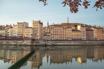 Autumn sunrise over the Saone river and Vieux Lyon in Lyon city, France.