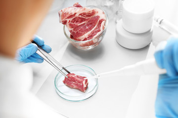  Laboratoryjne badanie mięsa. Laborant bada jakość mięsa w laboratorium badawczym. - obrazy, fototapety, plakaty