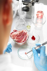 Laboratorium . Ocena jakości mięsa. Laborant bada jakość mięsa w laboratorium badawczym.