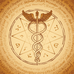 Vector banner with hand-drawn staff of Hermes with an octagonal star. Caduceus with two snakes and wings on the background of an old illegible manuscript written in a circle