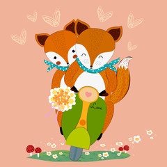 Cute valentine fox couple in love with flower bouquet on scooter
