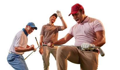 Male golf players on white background. Isolated happy player emotionally rejoices victory. Angry...