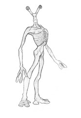 Black and white rough grunge pencil sketch of alien character. Concept art drawing.