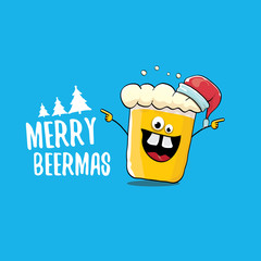 Merry beermas vector comic christmas greeting card with beer glass cartoon character and red santa hat isolated on blue background. Vector adult christmas beer party poster design template