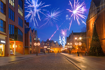 New Year fireworks display at the old town of Elblag, Poland