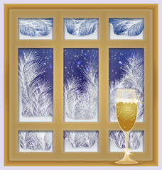Holiday frosted window with champagne, vector illustration