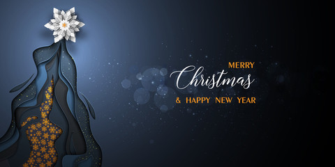Merry christmas and Happy New Year 2021 vector black and gold design. Paper art and craft style. 