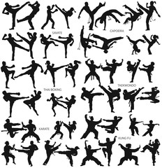 Martial art man woman children karate savate capoeira thai boxing taekwondo kung fu vector silhouette collection - obrazy, fototapety, plakaty