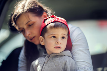 mother and son alarmed. puzzled