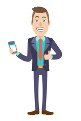 Businessman holding mobile phone and showing thumb up