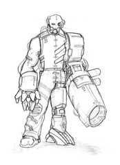 Black and white rough pencil sketch of dangerous cyborg soldier or warrior. Man with robotic body parts and heavy gun replacing his arm and hand.