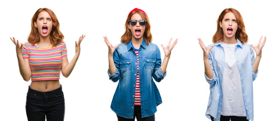 Collage of young beautiful redhead woman over isolated background crazy and mad shouting and yelling with aggressive expression and arms raised. Frustration concept.