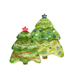 Two decorative Christmas trees. Watercolor illustration. - 238729719