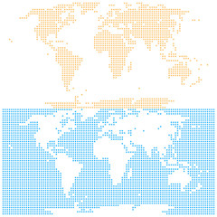 Dotted world map created by round dots in flat style. Two different versions of the world map on the same background. Design graphic element is saved as a vector illustration in the EPS file format