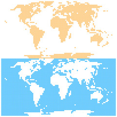 Dotted world map created by square dots in flat style. Two different versions of the world map on the same background. Design graphic element is saved as a vector illustration in the EPS file format
