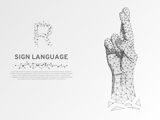Origami Sign language R letter, Fingers crossed. Superstition, luck, white lie gesture 3d low poly model of human hand. People silent communication. Connection wireframe. Vector on white background