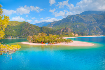 Oludeniz lagoon in sea landscape view of beach, Turkey