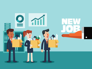 Welcome to the new job vector business concept. Boss offering a new job to employee. Successful smiling young business person holding a box with his things. Start and time for a new job illustration