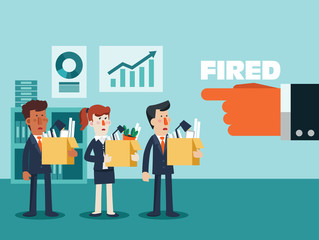 Dismissed frustrated business person holding a box with his things. Angry boss firing employee. Unemployment, crisis, jobless and employee job reduction concept vector design
