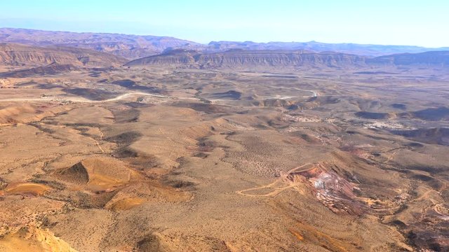Big makhtesh (crater) or Makhtesh Gadol panorama landscape. It is geological erosional landform of Israel's Negev desert. It measures 5 x 10 km. Israel