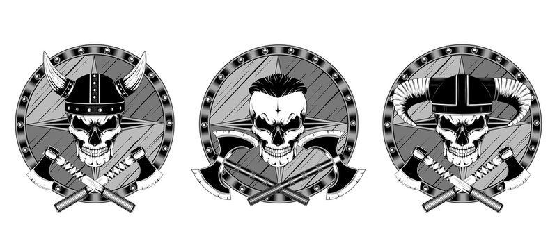 Set of vector images on a white background. Skulls in helmets with axes and shields.