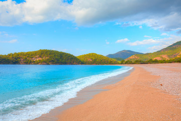Oludeniz lagoon in sea landscape view of beach, Turkey