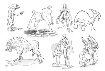 Set of black and white pencil or ink drawings of various fantasy and sci-fi monsters and creatures. © Zdenek Sasek