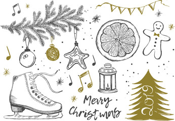 Merry Christmas and New Year set. Christmas Doodle collection.
