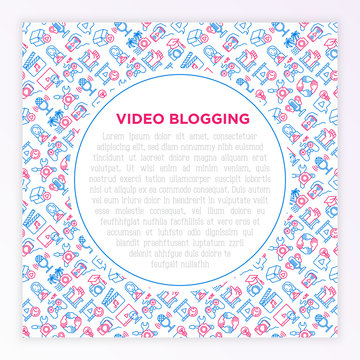 Video blogging concept with thin line icons: vlog, ASMR, mukbang, unboxing, DIY, stream game, review, collaboration, podcast, tips and tricks. Vector illustration, print media template.