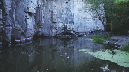 Mountain waterway running at a vertical rocky wall in the Carpathian in summer
