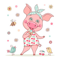 A cute and beautiful pig girl is wearing a bandana and a dress with a cherry print