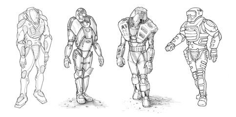 Set of black and white rough ink drawings of various characters in sci-fi futuristic spacesuit or battle, space or pressure suit.