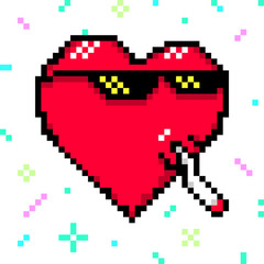 Red heart with meme glasses and joint (rolled marijuana cigarette). Thug life or Like a boss or Deal with it. Illustration created in the style of pixel art. Graphic element vector illustration