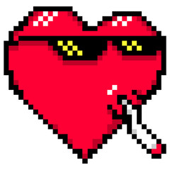 Fototapeta premium Red heart with meme glasses and joint (rolled marijuana cigarette). Thug life or Like a boss or Deal with it. Illustration created in the style of pixel art. Graphic element vector illustration