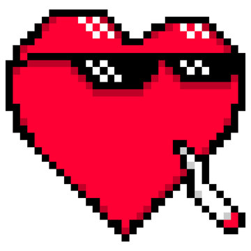 Red heart with meme glasses and joint (rolled marijuana cigarette). Thug life or Like a boss or Deal with it. Illustration created in the style of pixel art. Graphic element vector illustration