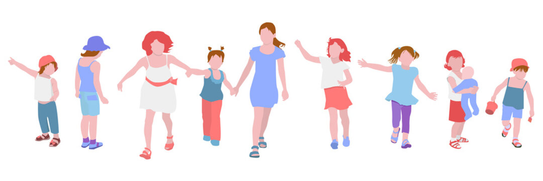 Children girls play, chat, walk, run, vector illustration in flat style. Set of illustrations of kids activity.