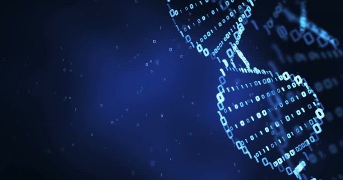 3D motion graphics of a spinning binary DNA molecule on a blue background (loop)