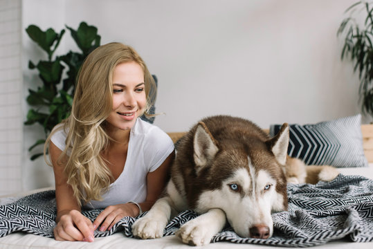 Authentic portrait of happy smiling female and husky in perfect apartment for living. Cute curly hair woman and adorable dog posing for pictures at cozy home