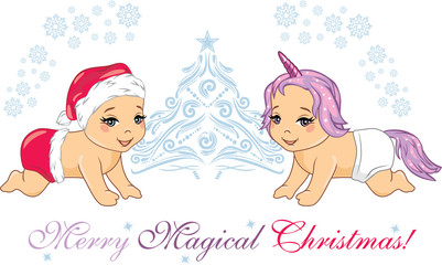 Two cute smiling babies in Christmas props. Greeting postcard