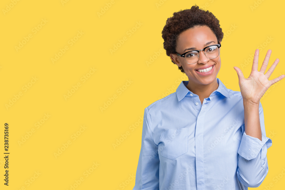 Wall mural young beautiful african american business woman over isolated background showing and pointing up wit