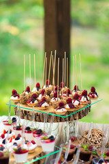 Delicious sweets on candy buffet. Lot of colorful desserts with strawberry, raspberry and blackberry