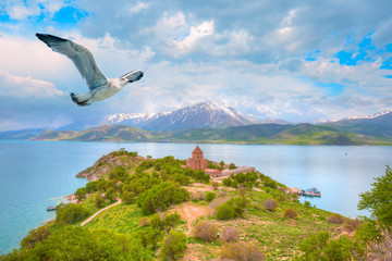 Fototapeta premium he Armenian Cathedral Church of the Holy Cross in Akdamar Island in Van Lake, Turkey 