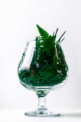 green cocktail splash in glass isolated on white background