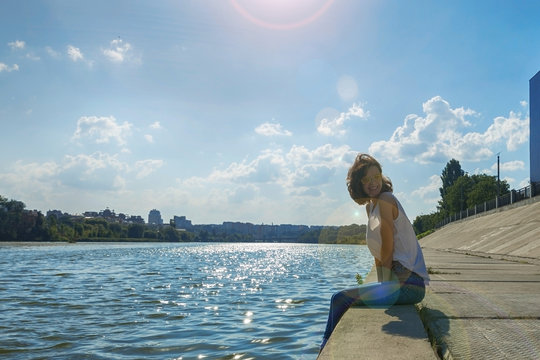 Portrait of a teenage girl in yellow glasses. Copy space.
