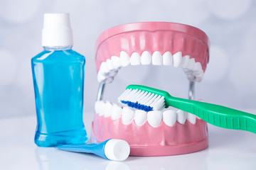 Dentist, Dental tools on a white background, Teeth and jaw.