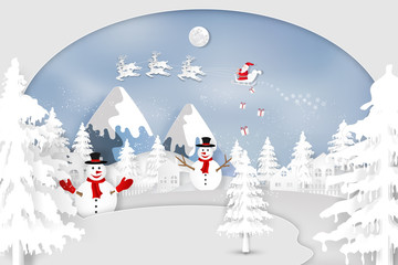 Paper art, cut and digital craft style of Santa Claus on Sleigh and Reindeer with snowman in the merry christmas night and  happy new year 2019 as holiday and x'mas day concept. vector illustration.