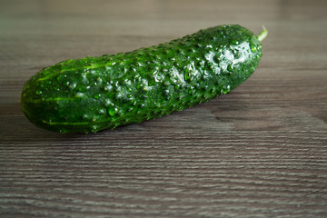 Green juicy cucumber with water drops and sunlight on a dark brown wooden background