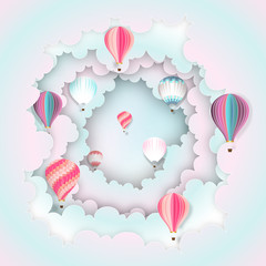 Paper art , cut and craft style of Hot air balloons on the pastel sky background as business and transportation concept. vector illustration.