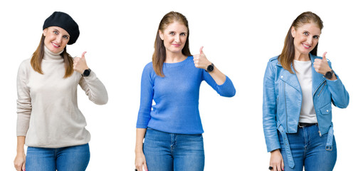 Collage of beautiful middle age woman over isolated background doing happy thumbs up gesture with hand. Approving expression looking at the camera showing success.